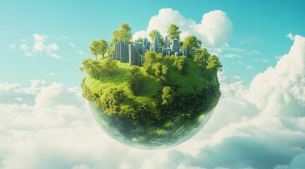 A Planet Earth with Green Grass and Trees on Top, Buildings Surrounded by Clouds Floating Above a Blue Sky, Embodying a Fusion of Nature and Modernity