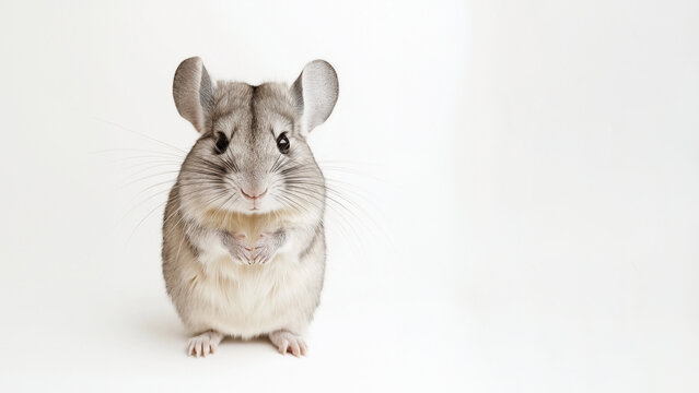 Niedliche wei&szlig;e Chinchilla Maus steht aufrecht auf Hinterpfoten vor wei&szlig;em Hintergrund im Studio