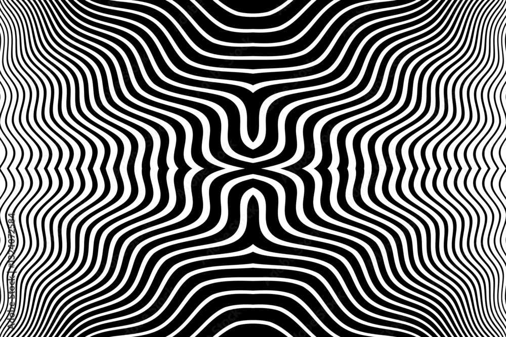 Wall mural abstract symmetrical wavy lines pattern. black and white textured background.