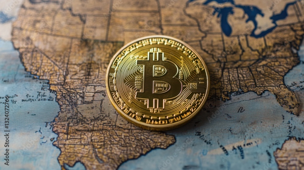 Poster a bitcoin coin resting on a map highlighting the importance of crypto exchange security in various r