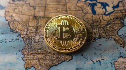 Naklejka premium A bitcoin coin resting on a map highlighting the importance of crypto exchange security in various regions worldwide