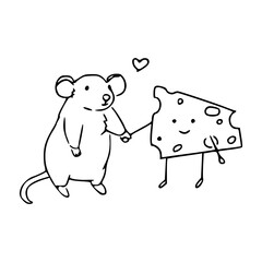 cute mouse and cheese holding hands vector illustration