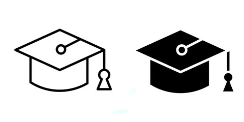 Graduation Cap editable stroke outline icon isolated on white background flat vector illustration, black outline, Pixel perfect