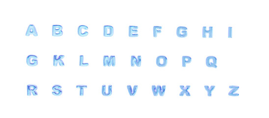 3D inflated glass alphabet &ndash; light blue holographic letters on transparent background. 3d render. Set of glossy letters from A to Z.
