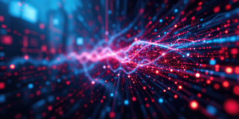 Naklejka premium Futuristic Digital Data Stream, Abstract Technology Background with Glowing Particles.