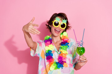 Photo of lovely young woman dance cocktail wear shirt isolated on pink color background