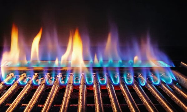 A bright flame of fire burns through the grill. On a black background. Filmed is slow motion 1000 frames per second. High quality FullHD footage