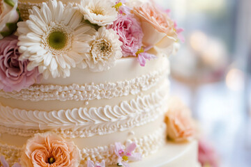  Elegant multi-tiered wedding cake with floral decorations and piping