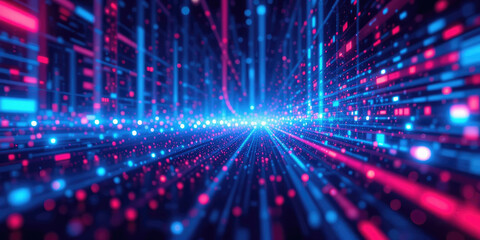 Naklejka premium Futuristic Digital Data Stream, Abstract Technology Background with Glowing Particles.