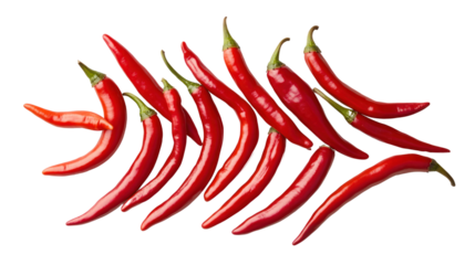 Fresh red chili peppers arranged in a line, showcasing vibrant color and natural shine on a white isolated background.