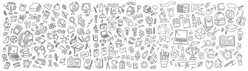Huge set of Back to school supplies icon doodle. Vector illustration in line