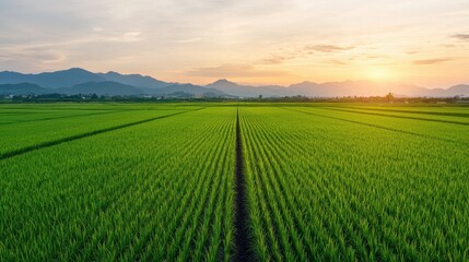 Naklejka premium Lush green rice fields under a sunset sky with mountains in the background.