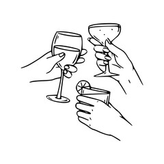 cheers: three hands holding drinks vector illustration