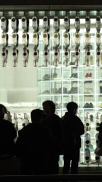 SHIBUYA, TOKYO, JAPAN - NOV 2023 : Exterior of sneaker shop at night. Youth culture fashion, street brand, apparel, clothing store and shopping concept video. Blurred vertical time lapse shot.