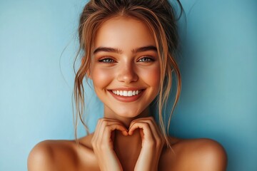Obraz premium a beautiful woman forming a heart shape with her hands smiling.