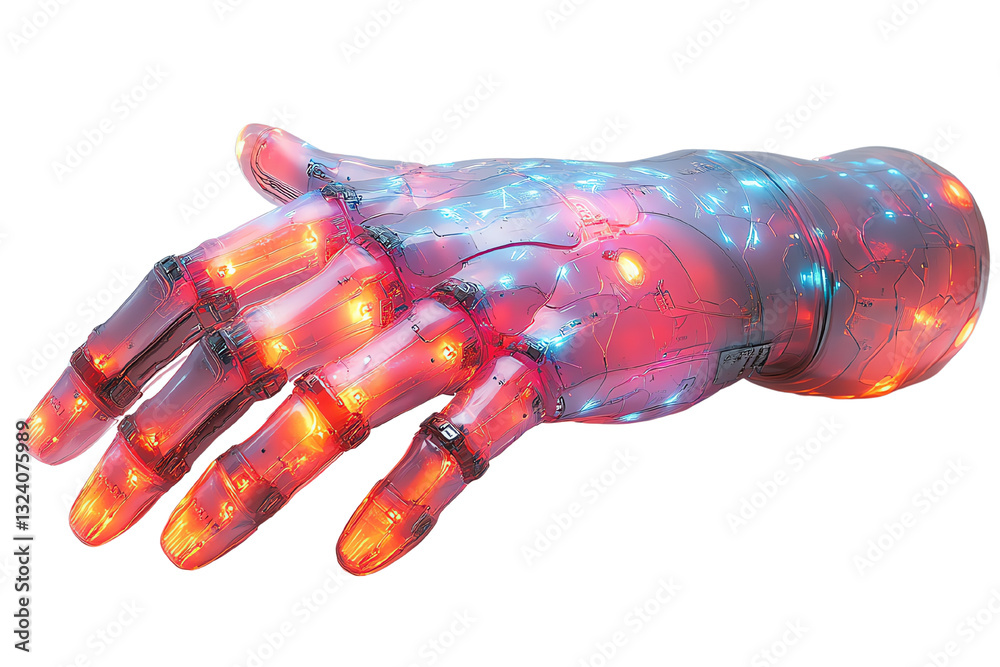 Poster futuristic robotic hand with vibrant lights highlighting its intricate design, showcasing innovation