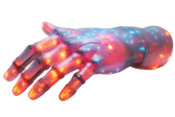 Futuristic robotic hand with vibrant lights highlighting its intricate design, showcasing innovation and advanced technology in robotics.