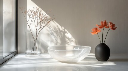 A pristine white ceramic centerpiece, its minimalist form accentuated by the stark contrast against a crystal-clear transparent background, stood as a beacon of simplicity and elegance.