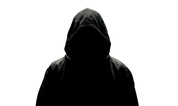 Mysterious Hooded Figure Standing in Shadows with Dark Atmosphere Isolate on Transparent Background, cutout, png