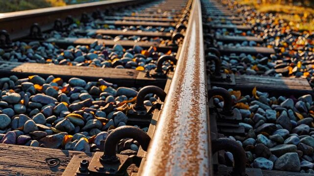 close-up shot focusing on a pair of weathered steel train tracks stretching into the distance.