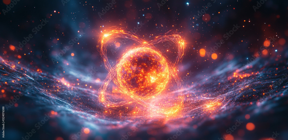 Poster Brightly lit particles swirl around a central glowing qubit, demonstrating concepts of superposition and entanglement in a cosmic setting.
