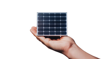 Hand holding a solar panel with a modern design, symbolizing renewable energy and innovation against a white isolate background.