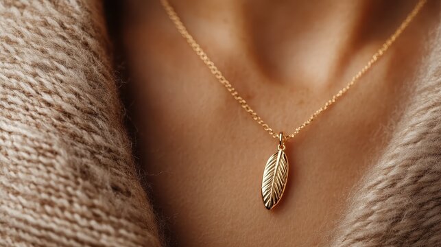 A close-up shot of a gold feather pendant resting on a soft, knitted fabric, highlighting the jewel's intricate details and the cozy elegance synonymous with warm fashion.