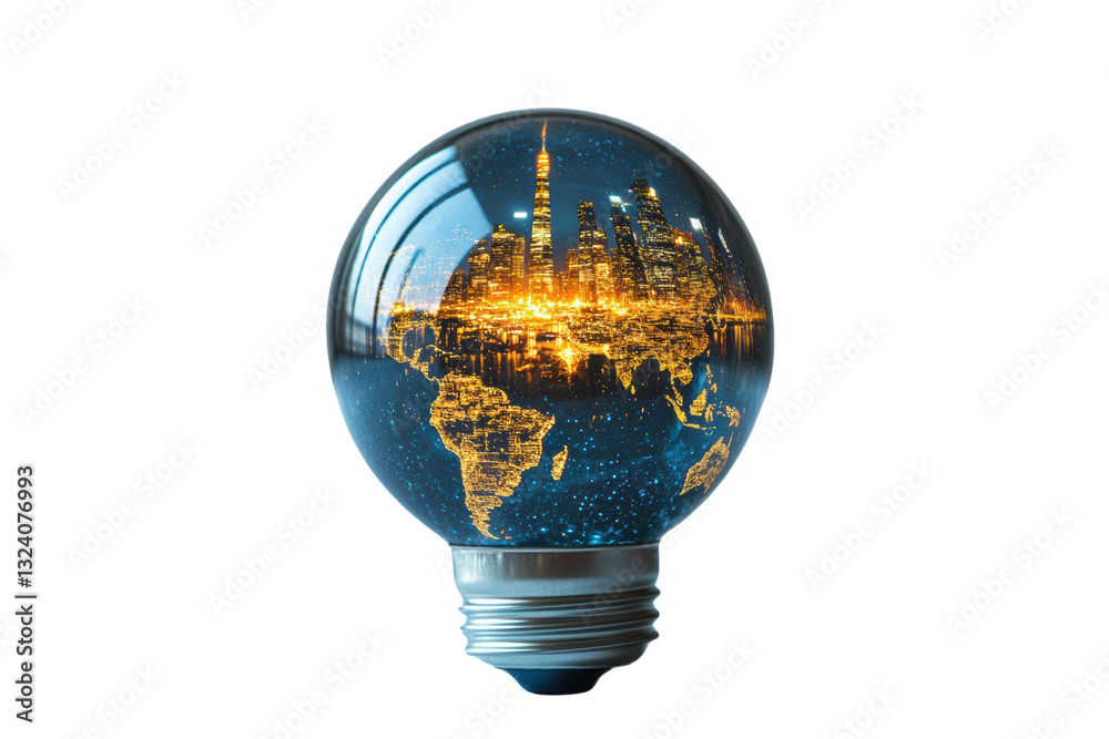 Poster innovative light bulb showcasing world map with vibrant city lights. ideal for concepts of energy ef