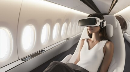 Woman Using VR Headset in Airplane Seat
