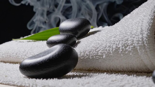 close-up shot featuring a row of perfectly smooth black volcanic stones placed in a gentle curve on a soft white towel. Wisps of warm steam rise delicately in the background, enhancing the soothing an