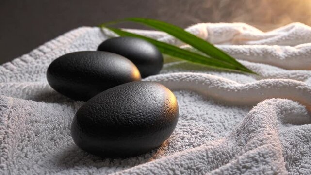 close-up shot featuring a row of perfectly smooth black volcanic stones placed in a gentle curve on a soft white towel. Wisps of warm steam rise delicately in the background, enhancing the soothing an