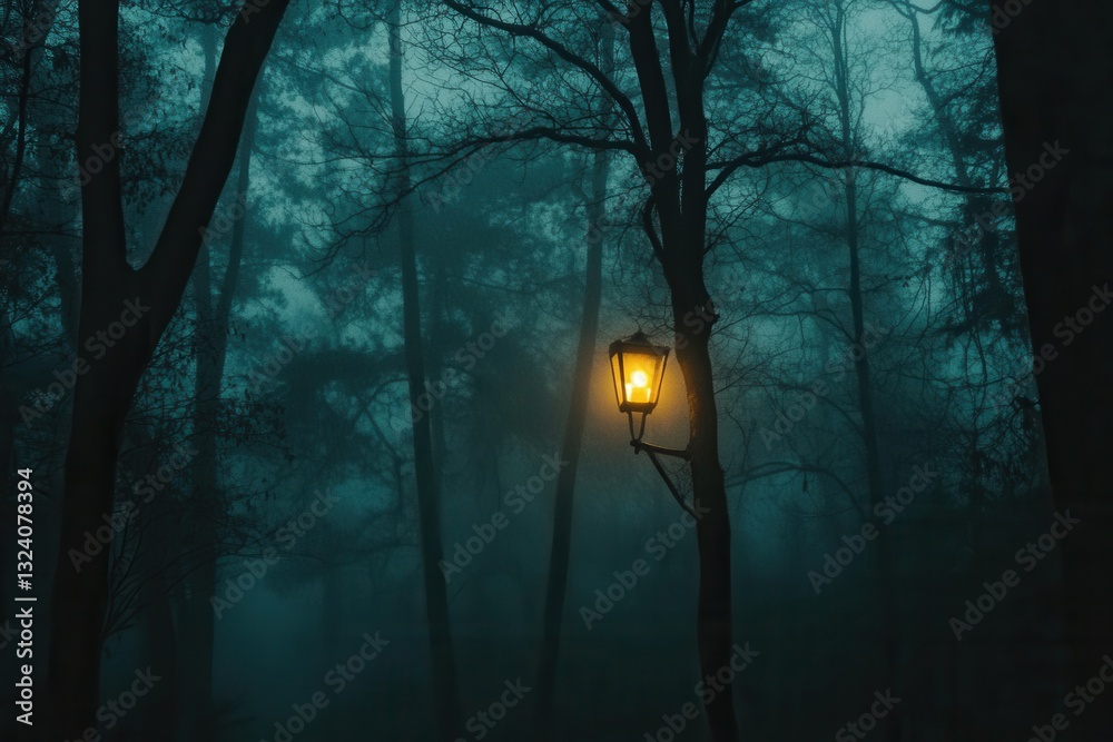 Poster misty forest with eerie fog and a glowing street lamp creates a suspenseful atmosphere in a dark lan