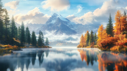 Mountain Lake with Autumnal Foliage and Snow-Capped Peaks