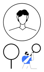 Abstract profile outline inside a circular frame and a person examining with a magnifying glass. Ideal for identity verification, user profile, personal data, analysis, research, investigation