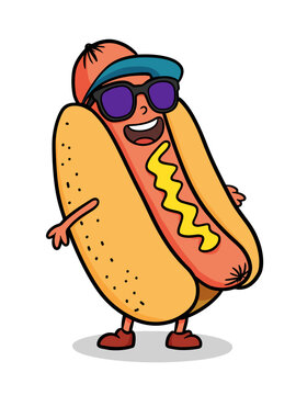 Naklejki Fast Food Hot Dog Sausage Cute Funny Retro 60s 70s Cartoon Character Mascot Vector Illustration in Groovy