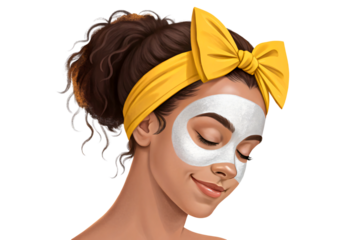 Woman with Skincare Face Mask and Yellow Headband – Isolated Transparent Background