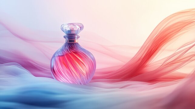 A perfume bottle, its surface adorned with vibrant hues, rested on a backdrop of soft pastel pinks and blues, a harmonious blend of colors that evoked a sense of gentle romance and tranquility.