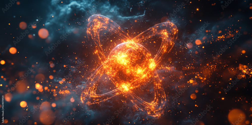 Aufkleber This artwork depicts a dynamic representation of quantum mechanics, showcasing a glowing atom with bright particles surrounding it.