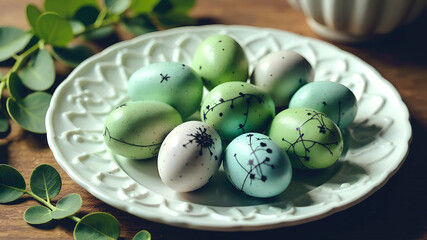 Top view on a white ornamented plate on table. Plate is full of colored Easter eggs - green, grey, light blue. Muted colors. Ornament on eggs. Easter food and traditions