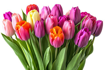 Naklejka premium Colorful bouquet of fresh tulip flowers with green leaves isolated on Transparent Background