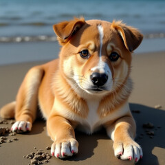Retrato perro marrón y blanco reposando sobre la arena de una playa con el mar de fondo