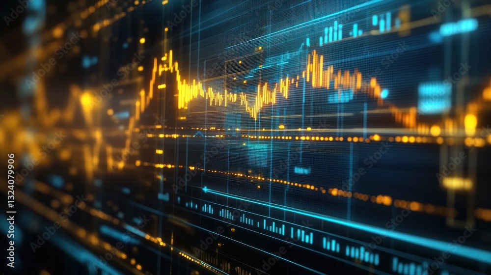 Poster abstract digital data visualization with glowing graphs and lines