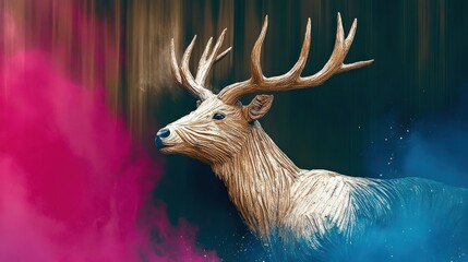 A stylized deer emerges boldly against a backdrop of vibrant colored smoke, blending nature with artistry in a unique and visually arresting manner.