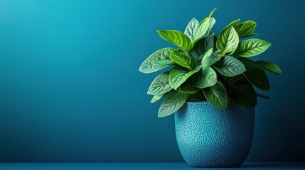 A vibrant, verdant potted plant, its leaves adorned with a mesmerizing tapestry of intricate patterns, stood proudly against a deep, serene blue background, adding a touch of nature and tranquility