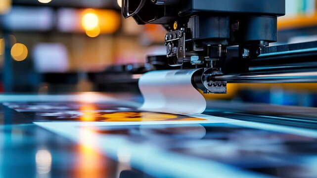 video format printer processing signage at high speed presses a printing house, showcasing advanced printing technology in Large 4k