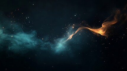 Fototapeta premium A dreamy abstract Eid background with soft golden bokeh lights floating over a deep teal gradient, featuring subtle waves and delicate shimmering dust, creating a peaceful and spiritual atmosphere.