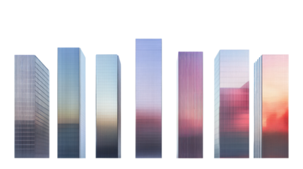 Silhouette of modern skyscrapers against an urban skyline at sunset, featuring reflective glass facades and diverse architectural styles.