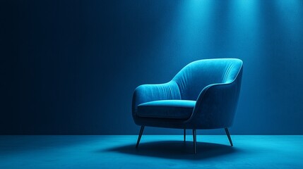 Stylish blue velvet chair display modern interior design minimalist environment cozy ambiance artistic perspective