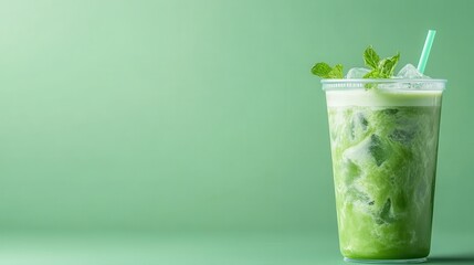 A delicious green drink in a clear cup with a straw, exuding freshness and vitality. The mint garnish enhances its delicious appeal, perfect for hot summer days.