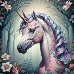 A stunningly detailed and vibrant portrait of a mystical unicorn, adorned with intricate, decorations and shimmering colors. 